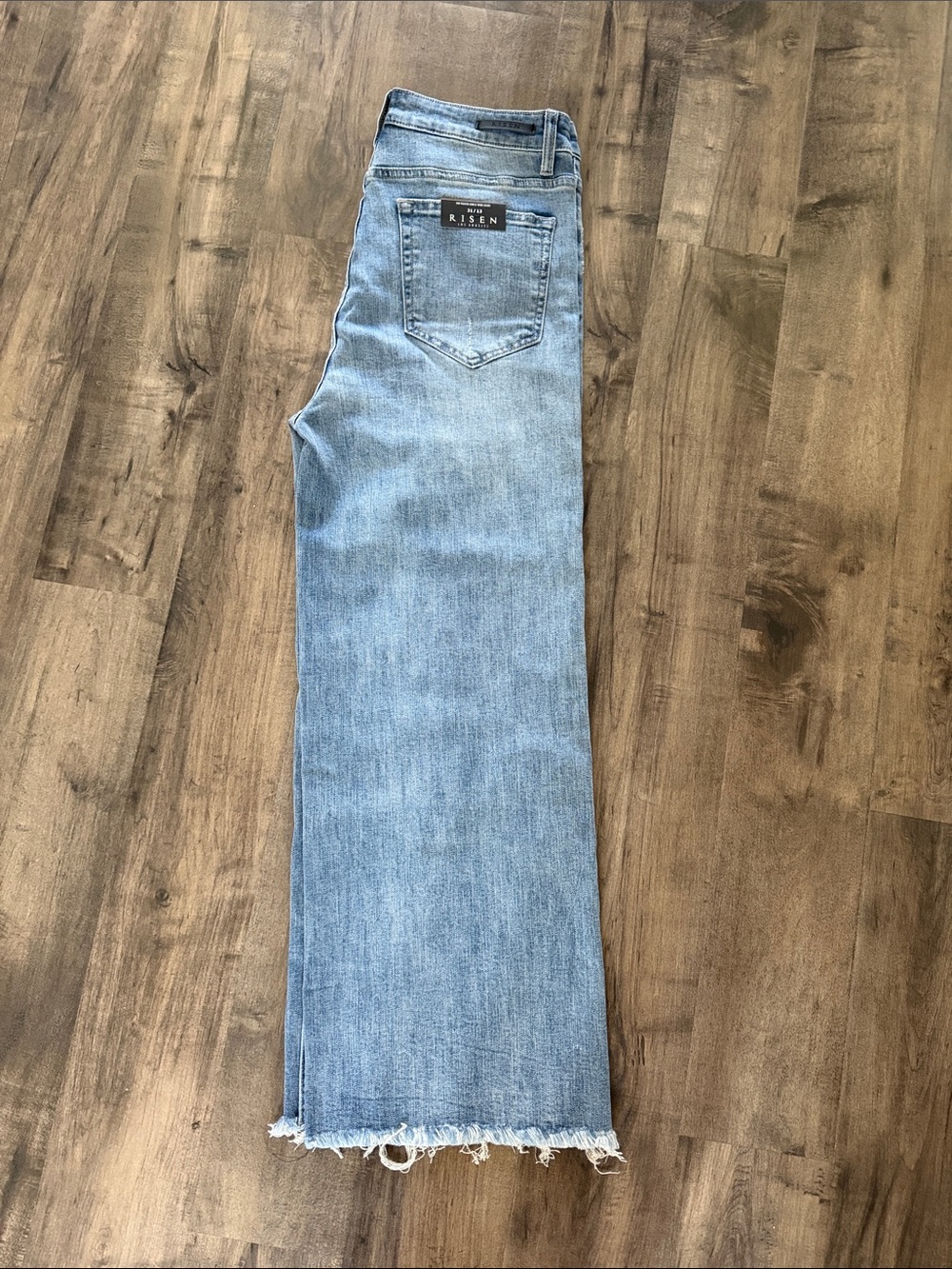 RISEN Light Blue Cropped Straight Jeans with Frayed Hem